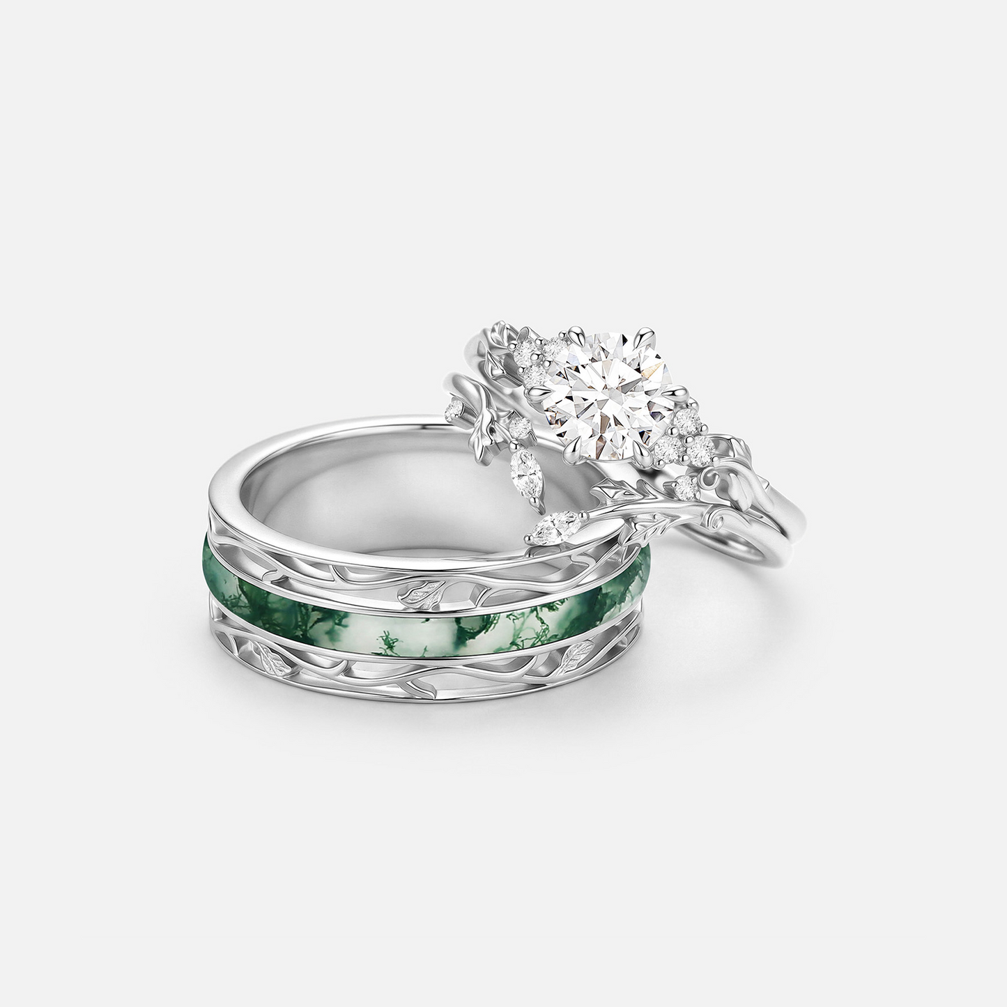 Nature Inspired Round Moissanite & Moss Agate Engraved Couple Ring Set 3pcs - Fable