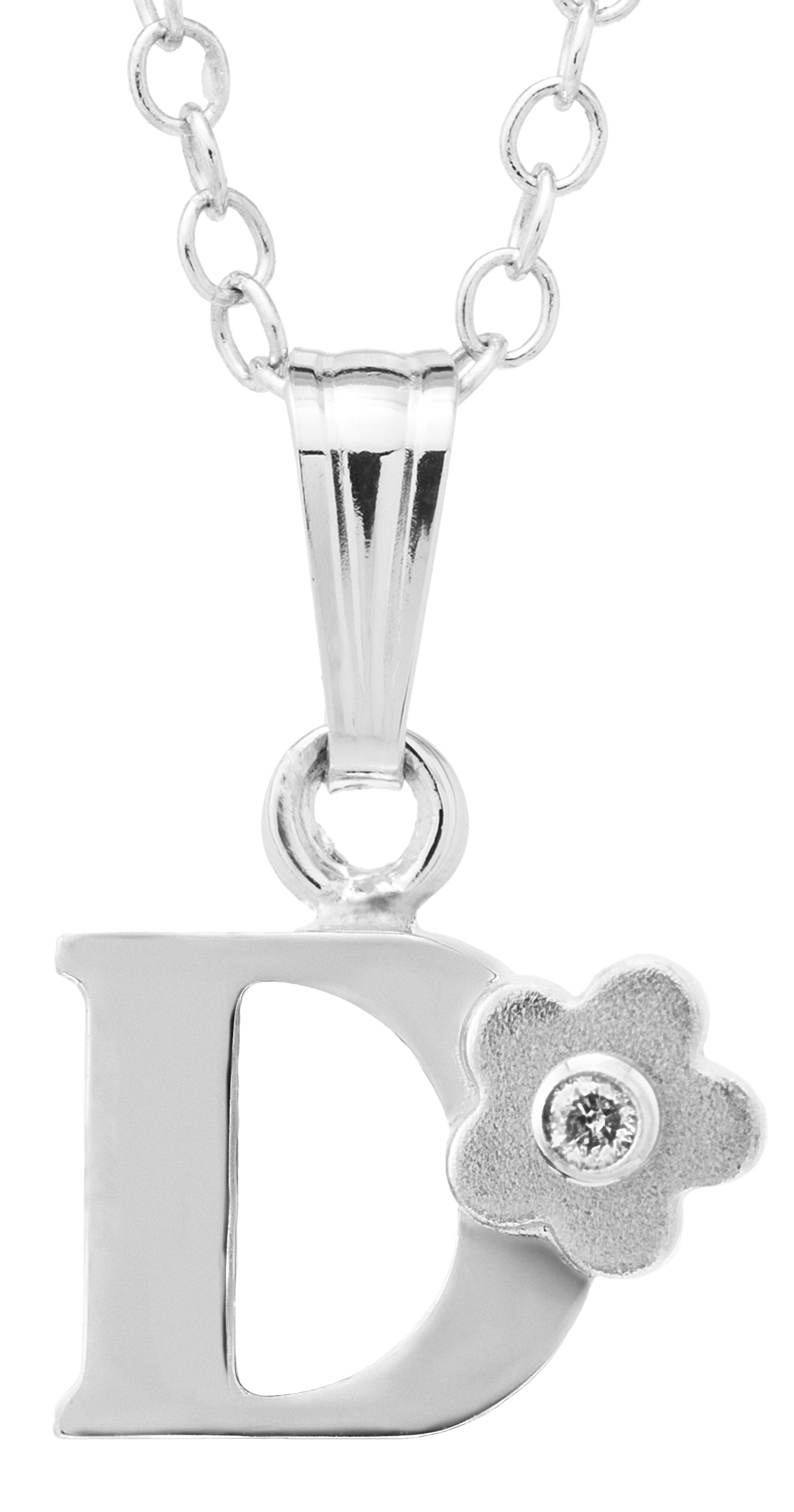 Sterling Silver Inital Diamond Flower "D" Necklace (15 inch)