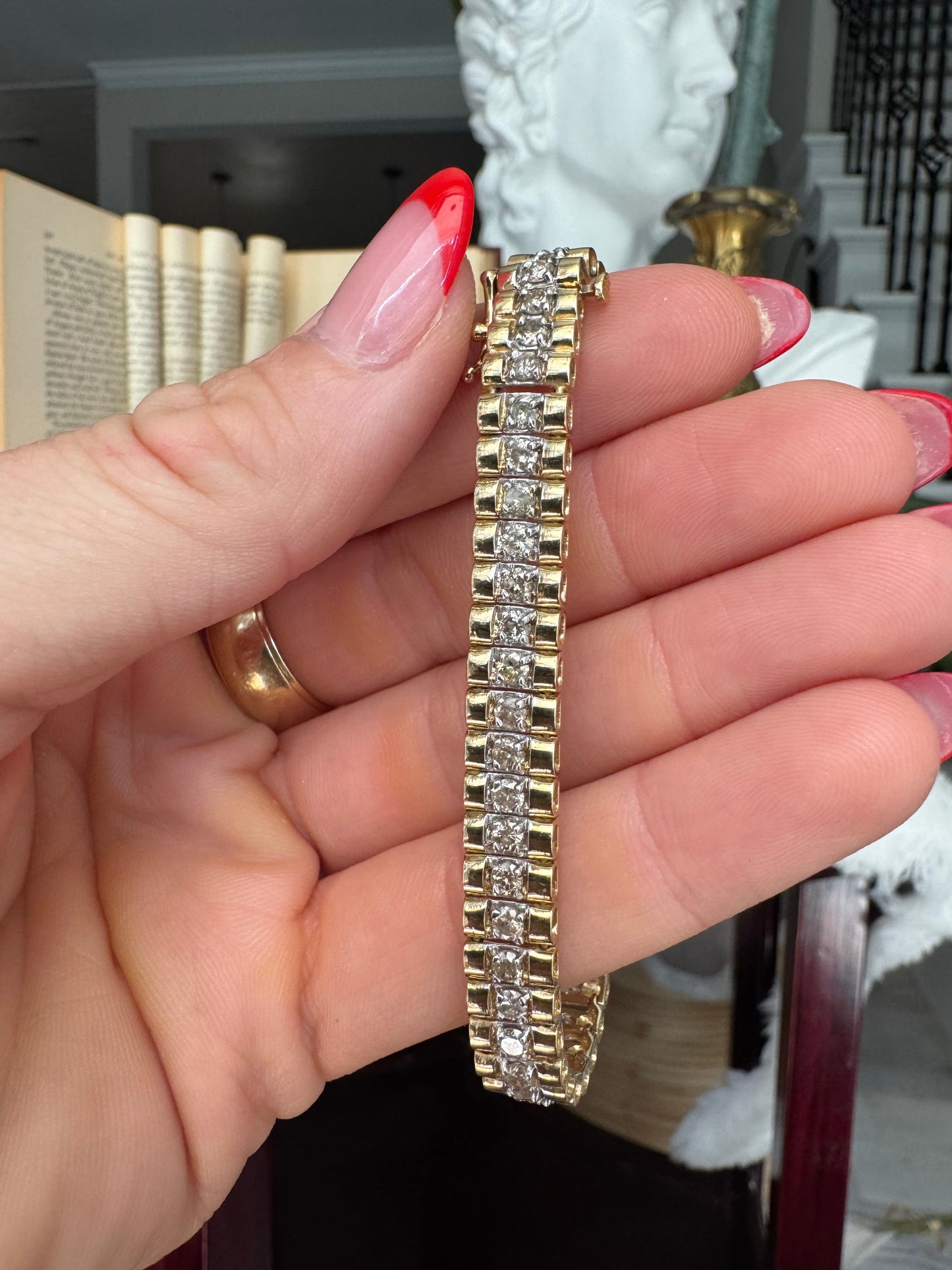 Vintage 10k Yellow Gold & Diamond Fancy Link Tennis Bracelet