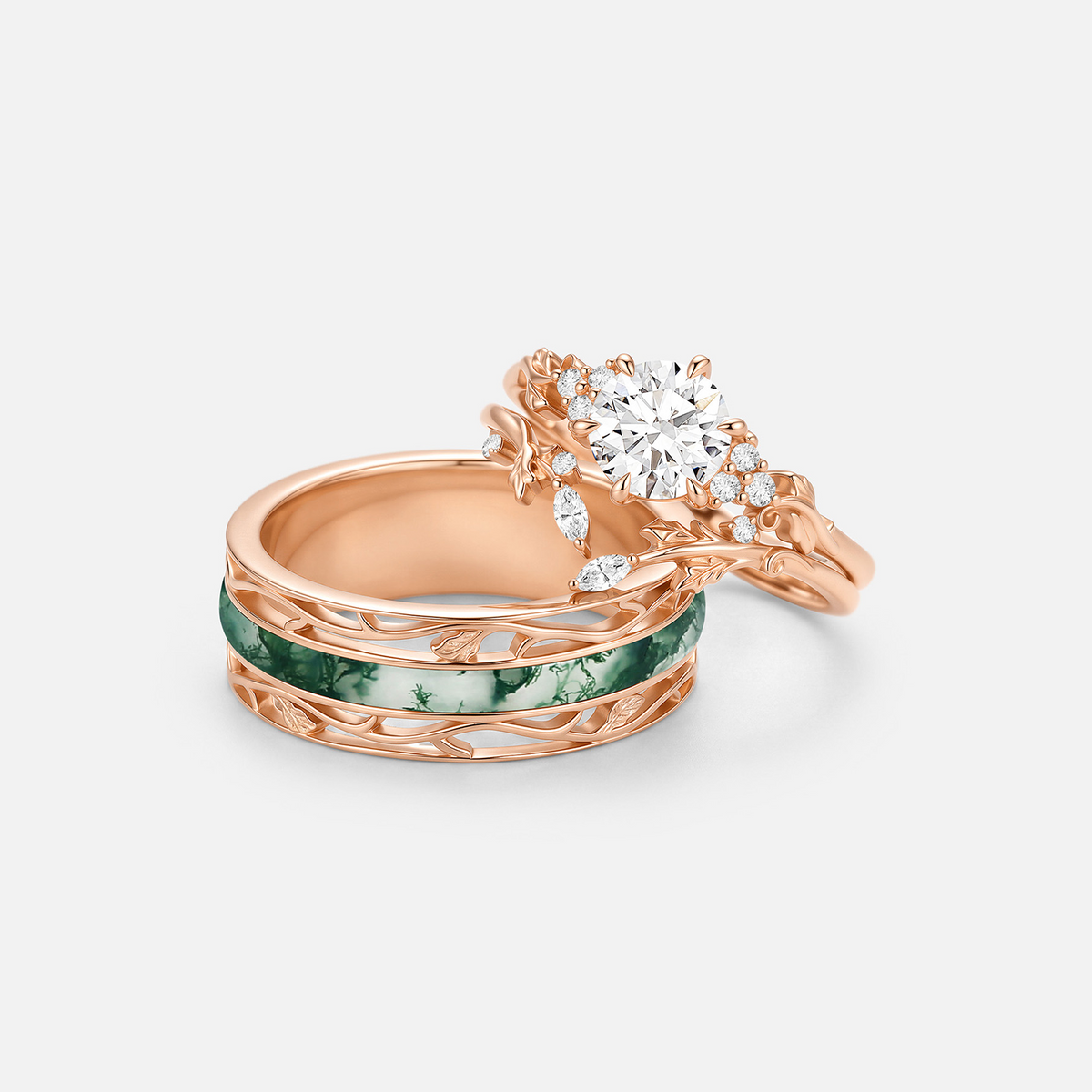 Nature Inspired Round Moissanite & Moss Agate Engraved Couple Ring Set 3pcs - Fable