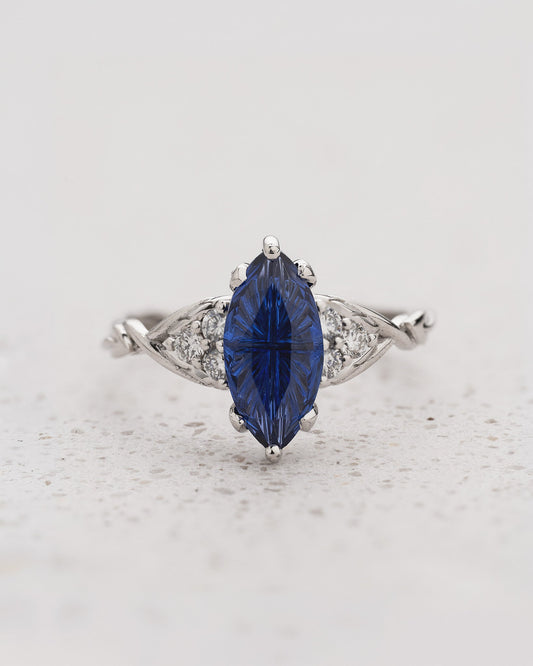 Timeless Engagement Ring with Marquise Fantasy-Cut Blue Sapphire / Gloria