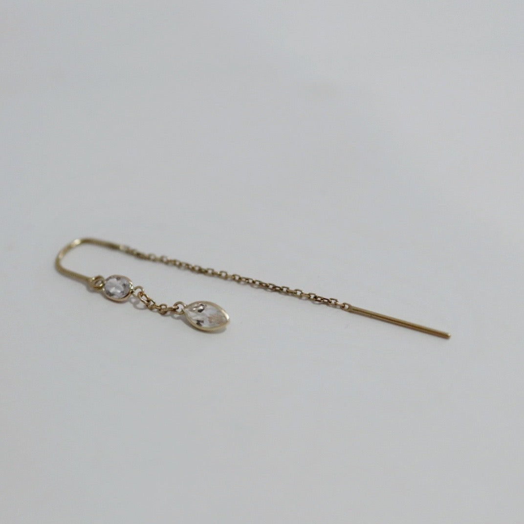 Double White Topaz  Drop Threader Earring in 14 karat Yellow Gold / SINGLE EARRING / READY TO SHIP