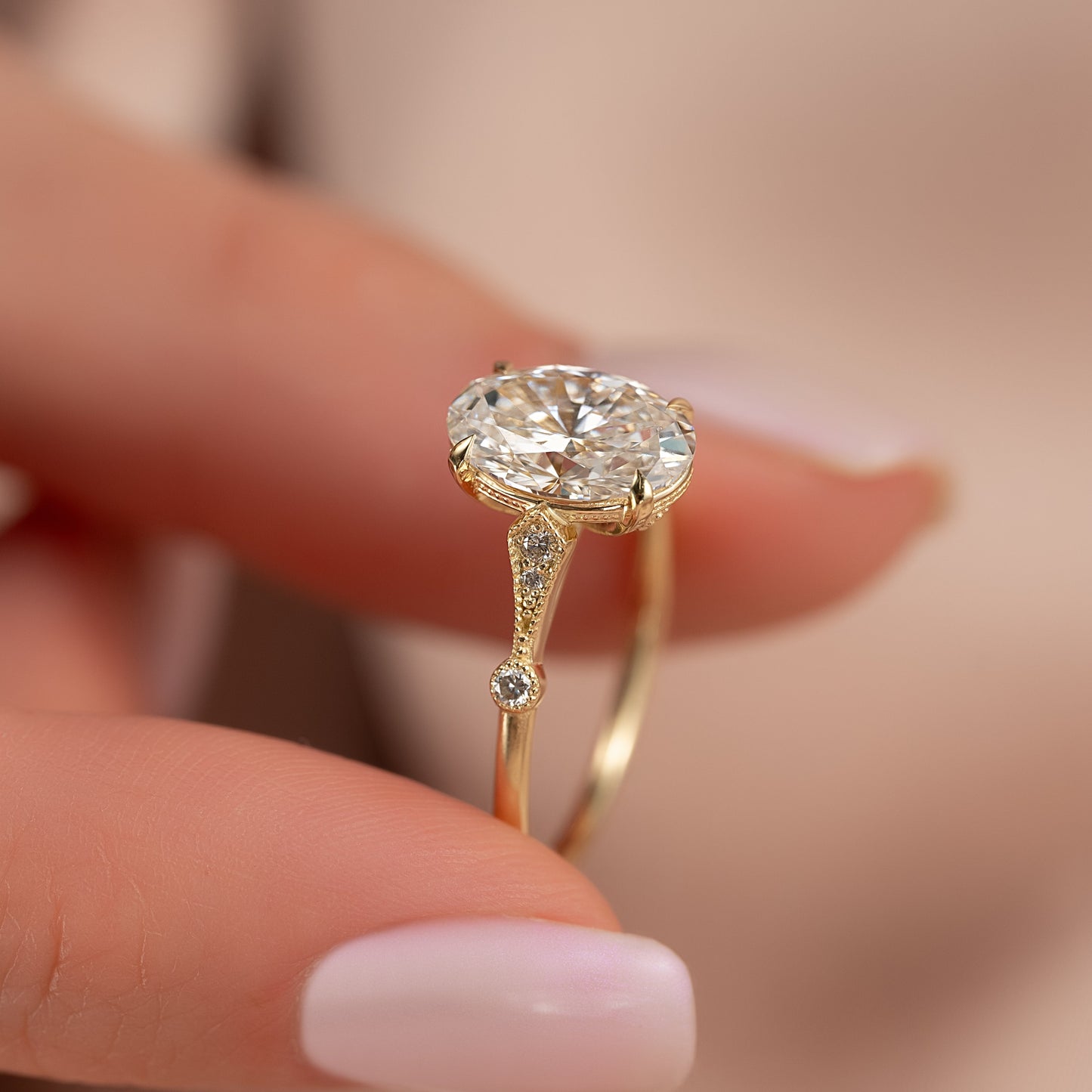 Chic Solarii Moissanite 2.0ct Oval Cut 925 Sterling Silver Side Stone Engagement Ring