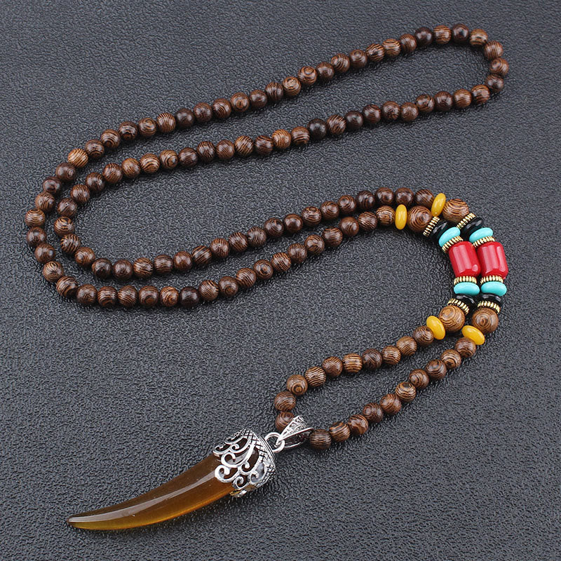 Fortune Jewel Wenge Wood Turquoise Stone Horn Style Protection Meditation Necklace Pendant