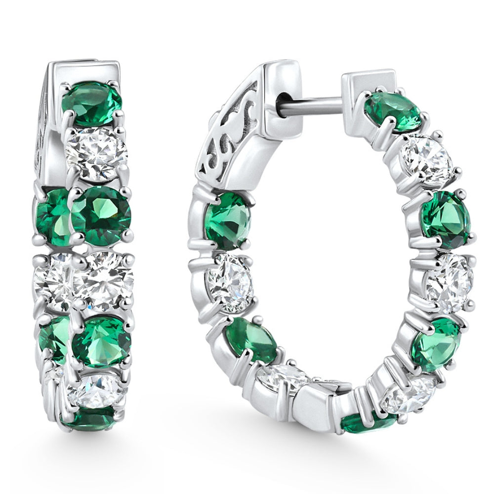 4 1/2Ct Emerald & Diamond Hoops White or Yellow Gold Lab Grown 1" Tall