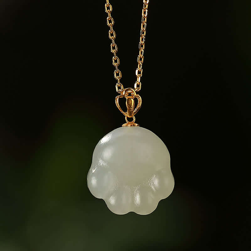Fortune Jewel 925 Sterling Silver Hetian White Jade Cute Cat Paw Luck Necklace Pendant