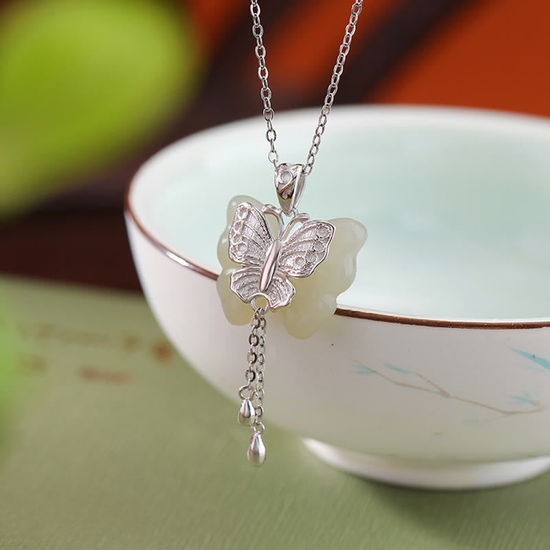 Fortune Jewel 925 Sterling Silver Plated Gold Hetian White Jade Butterfly Blessing Necklace Pendant