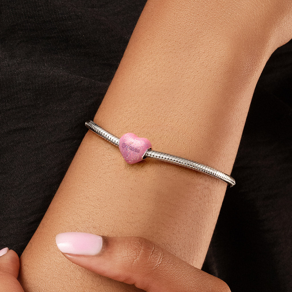 Gnoce Heart-shaped Glitter Pink Enamels Engravable Charm
