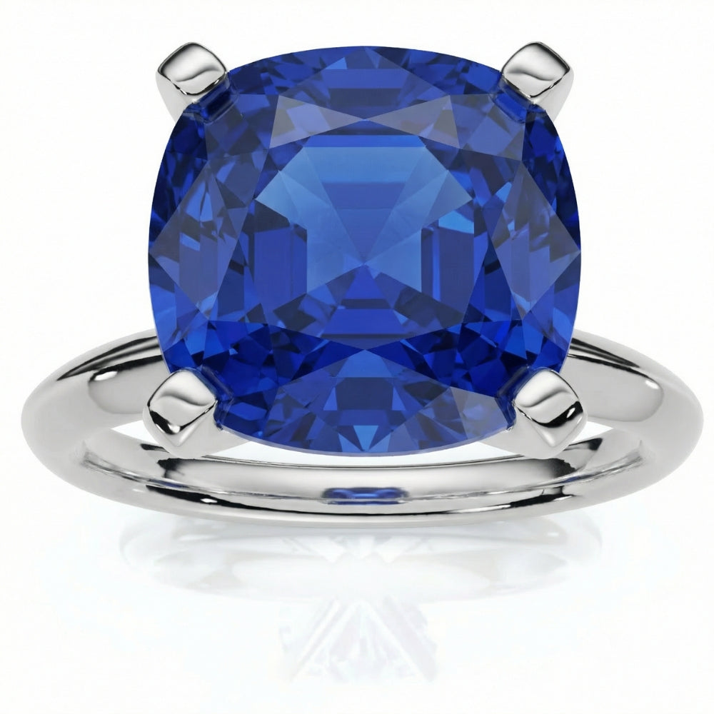 9 1/2Ct Cushion Blue Sapphire Solitaire Ring 14k Gold Lab Grown 12MM