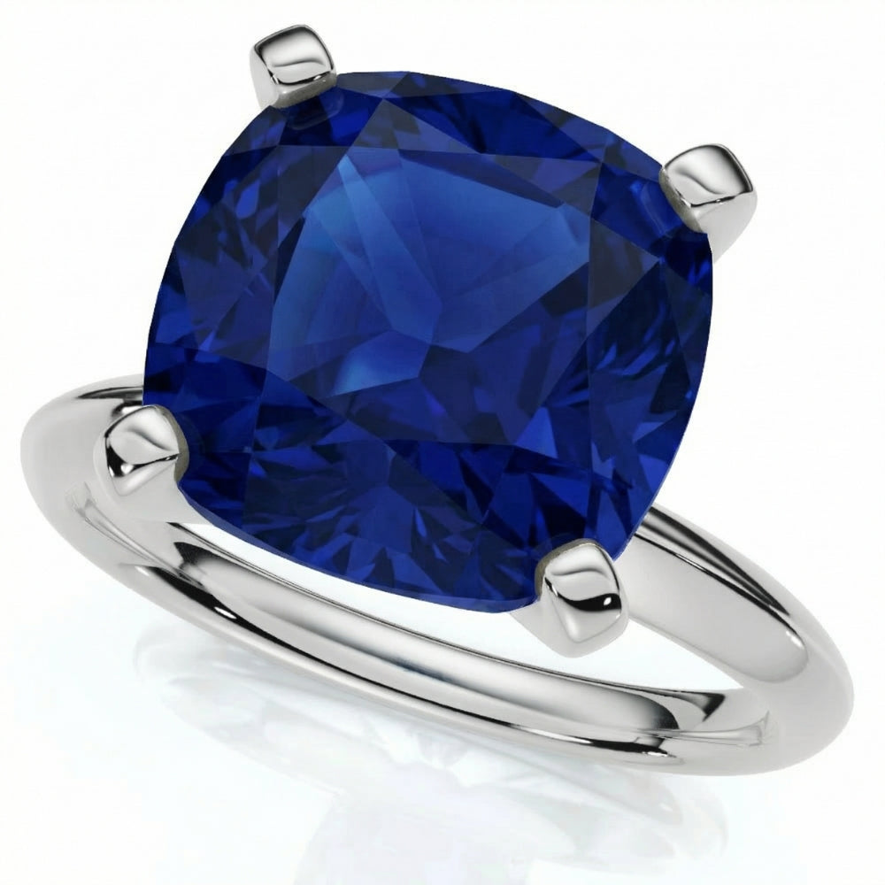 9 1/2Ct Cushion Blue Sapphire Solitaire Ring 14k Gold Lab Grown 12MM