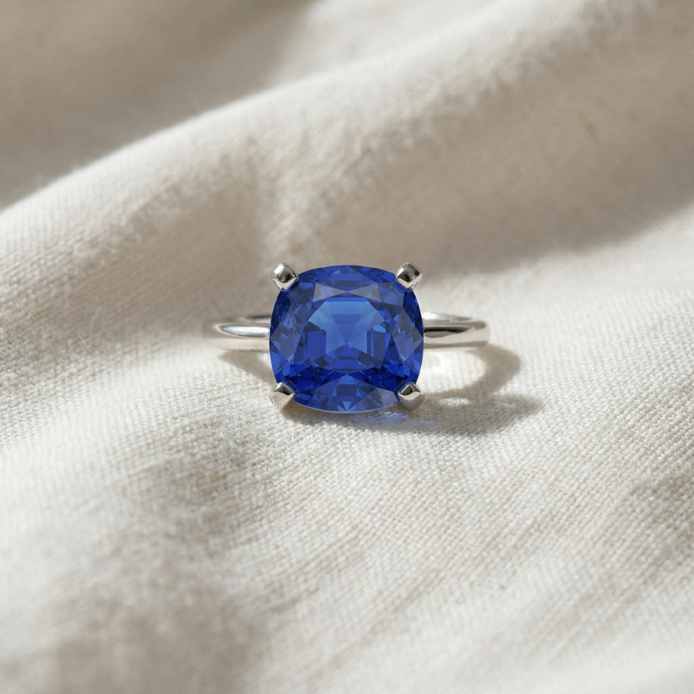 9 1/2Ct Cushion Blue Sapphire Solitaire Ring 14k Gold Lab Grown 12MM
