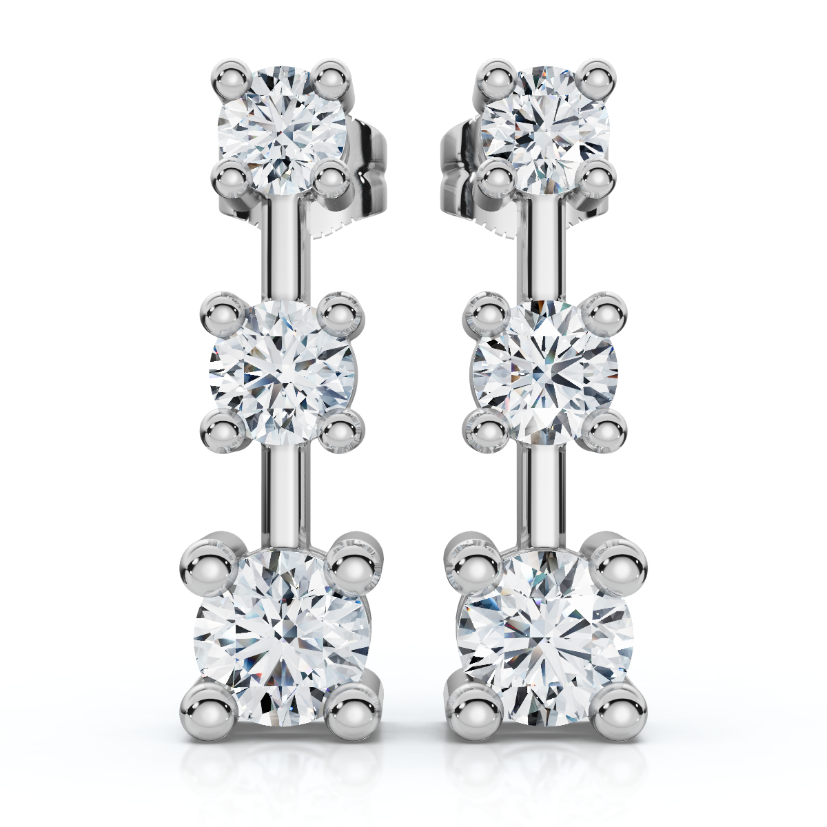 1Ct Three Stone Drop Earrings 10k Gold Lab Grown 5/8" Tall Push Back