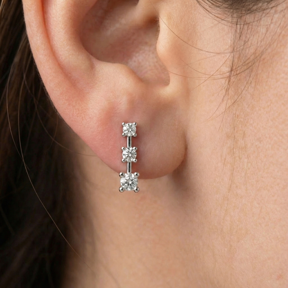 1Ct Three Stone Drop Earrings 10k Gold Lab Grown 5/8" Tall Push Back