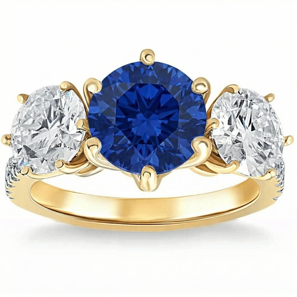 Certified 6 3/4Ct Blue Sapphire Diamond Ring Three Stone Gold Lab Grown