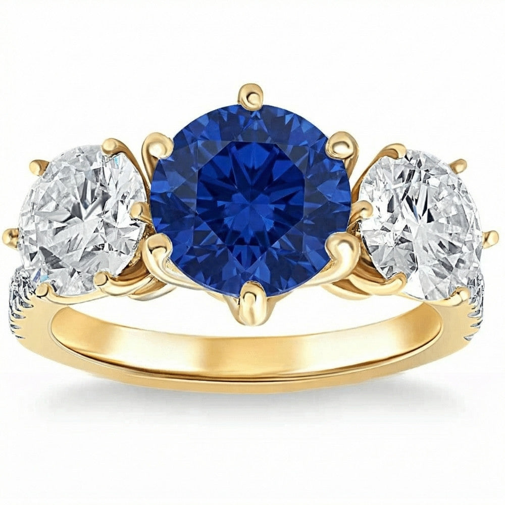 Certified 6 3/4Ct Blue Sapphire Diamond Ring Three Stone Gold Lab Grown