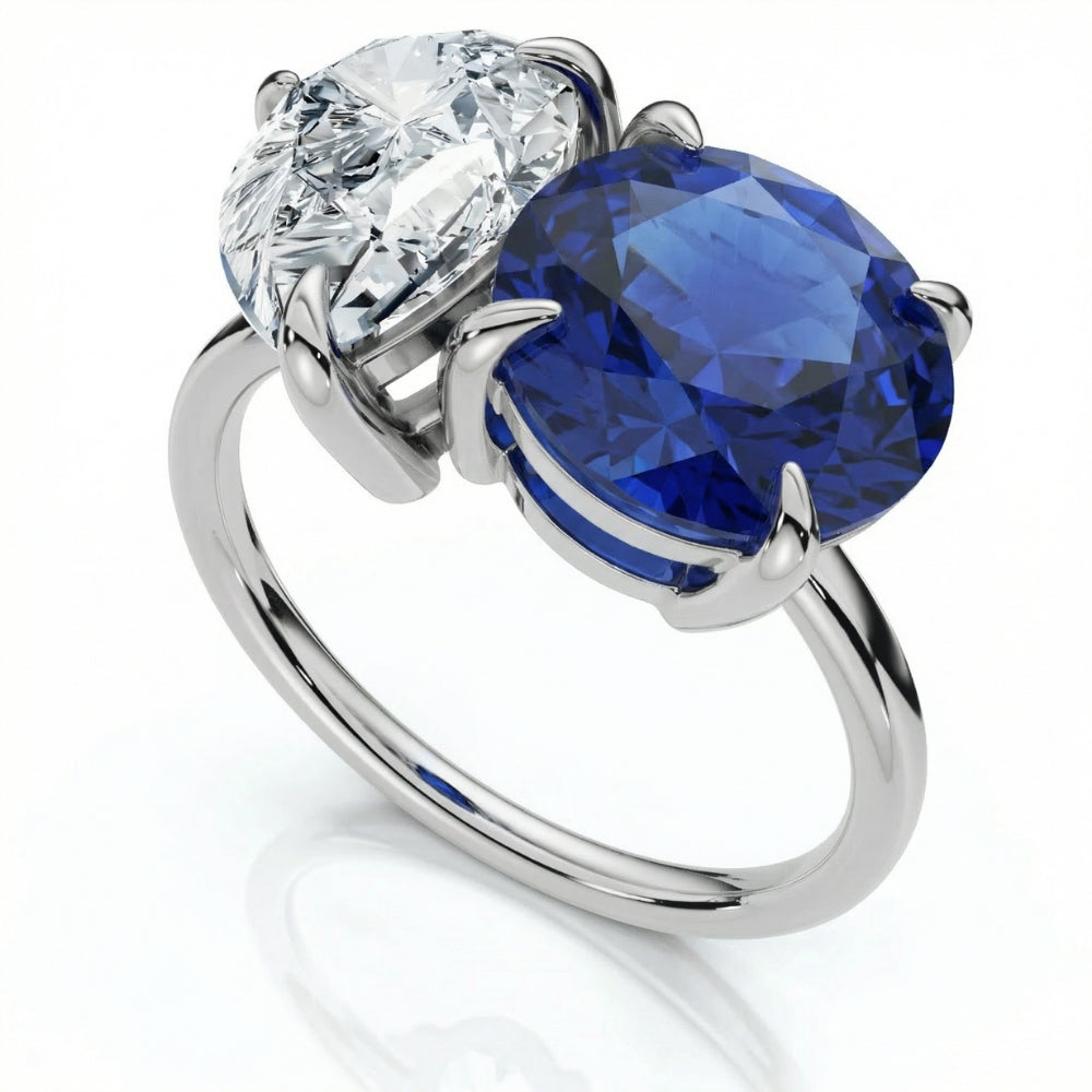 5 1/2Ct Certified Blue Sapphire & Diamond Toi Et Moi Diamond Ring Gold Lab Grown
