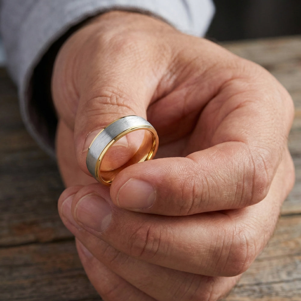 Men's Brushed Two Tone Wedding Band 14k Gold Ring