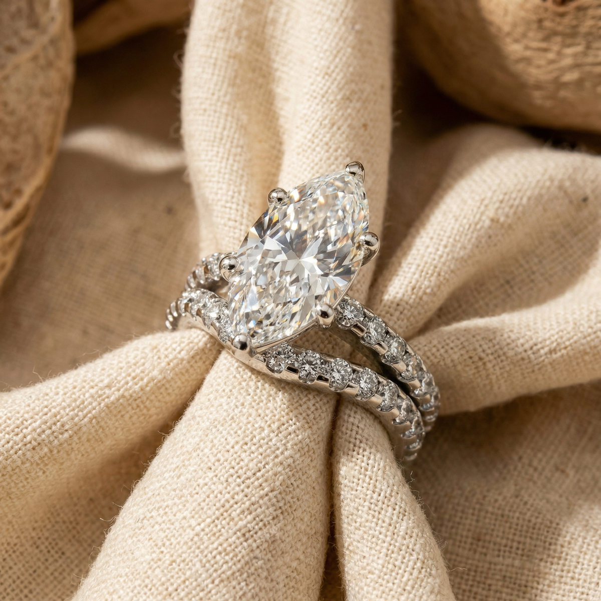 Certified 4 1/2Ct Marquise Diamond Wedding Engagement Ring Set 14k Gold Lab Grow