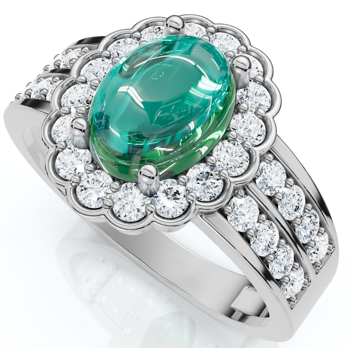 1 1/5ct Diamond Halo & Oval Emerald Cabochon Ring 10K Gold
