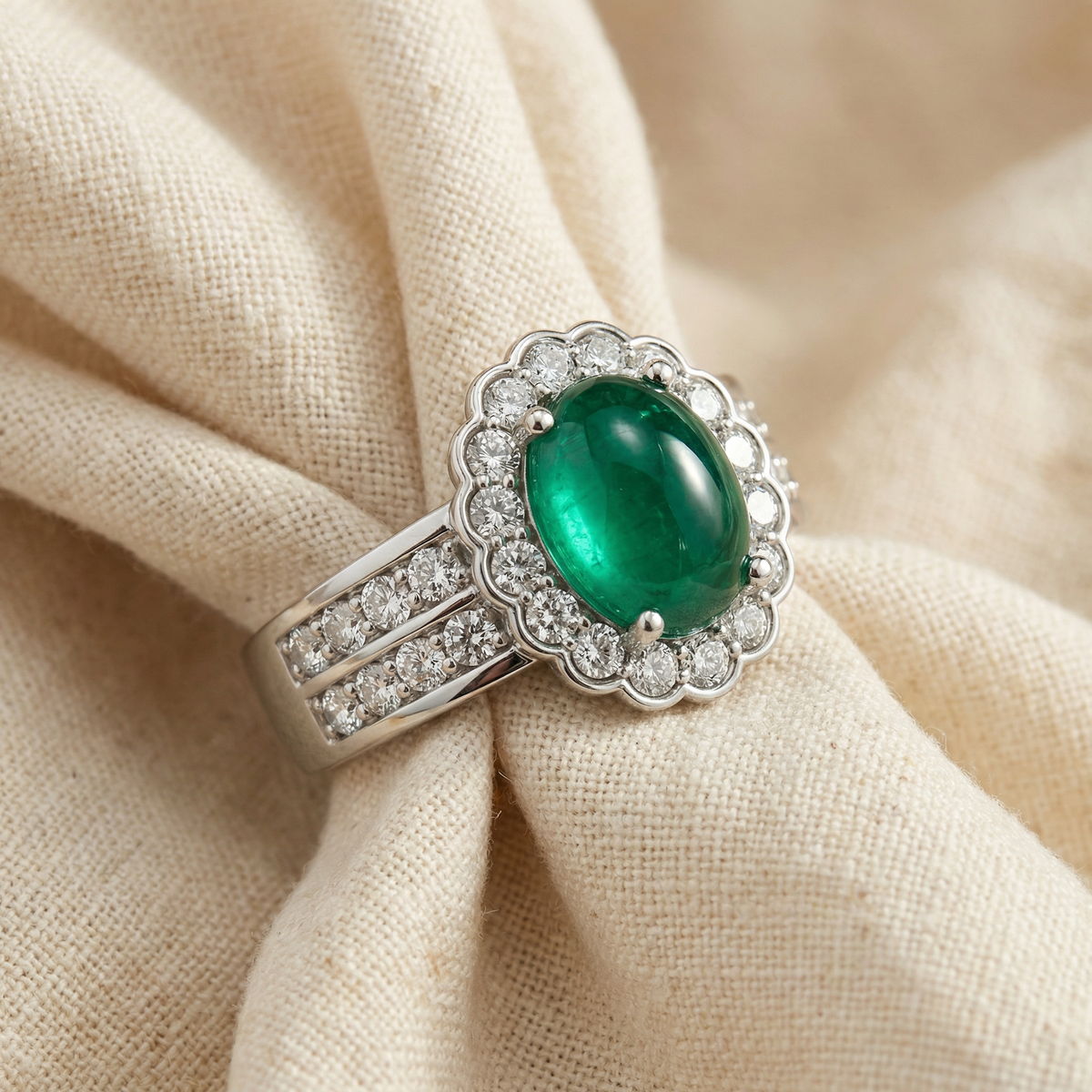 1 1/5ct Diamond Halo & Oval Emerald Cabochon Ring 10K Gold