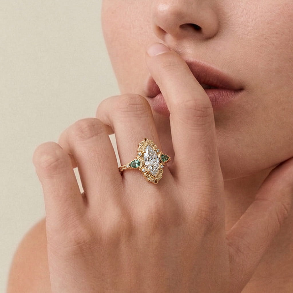 Gnoce  Retro Style Moon Marquise-Cut Engagement Ring