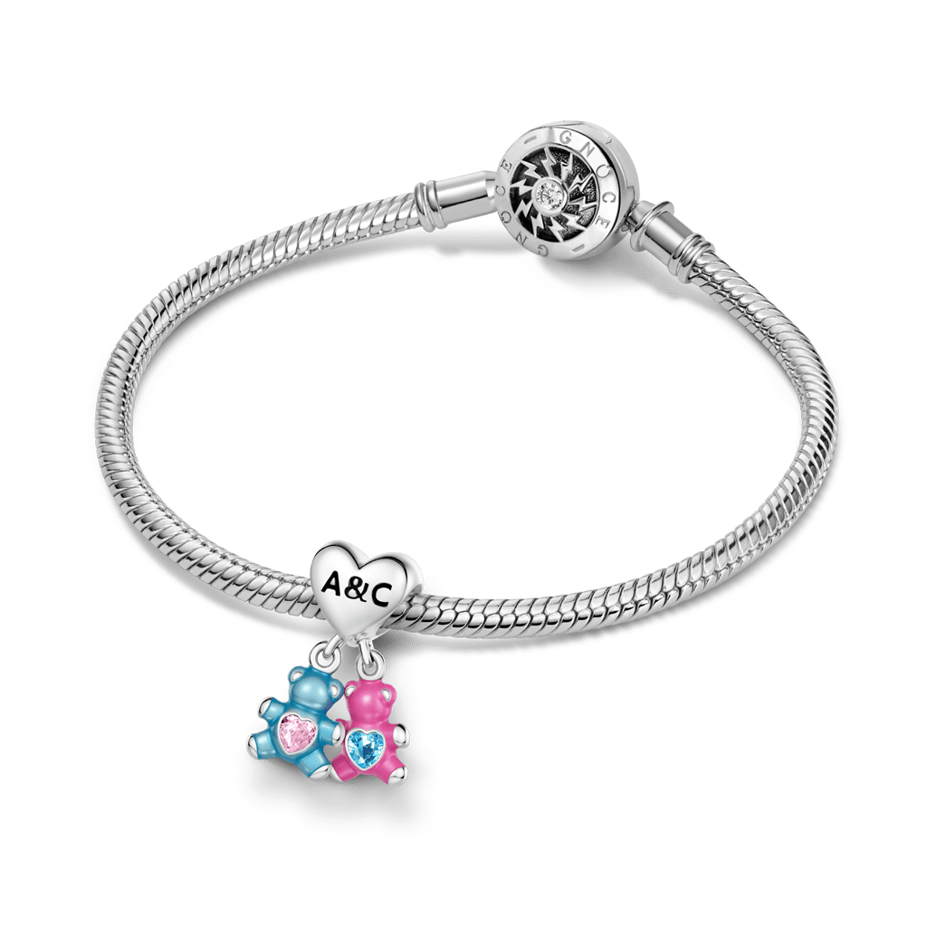 Gnoce Birthstone Bear Embraces Heart Charm Platinum-plated Silver Blend
