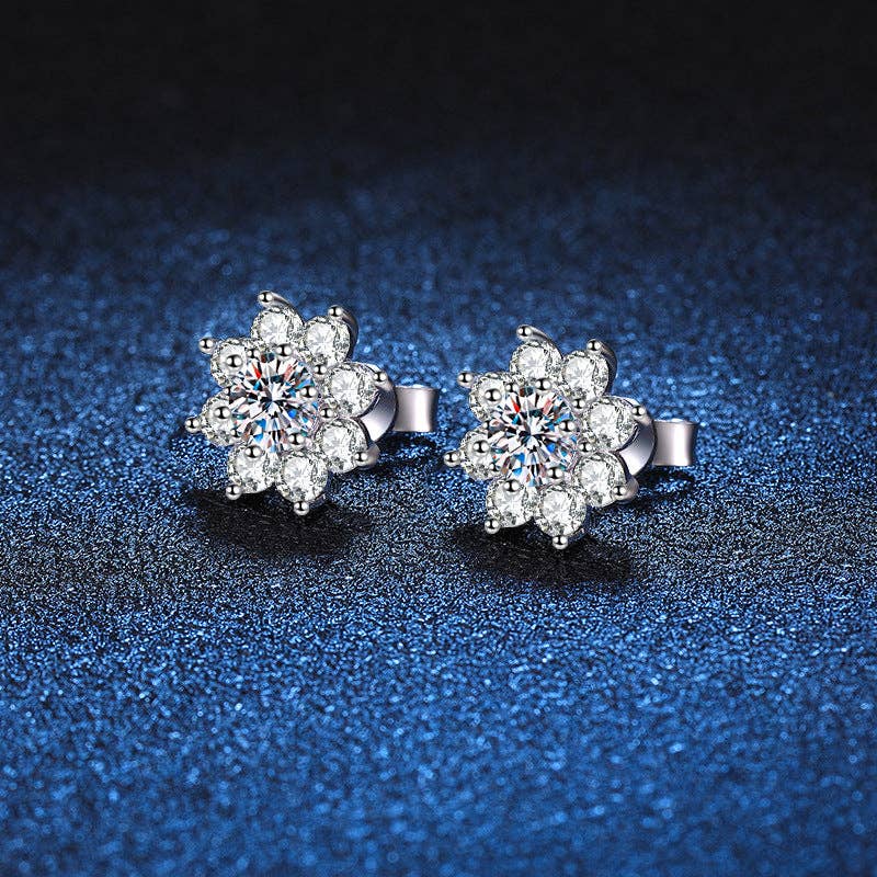 Moissanite Sunflower Stud Earrings in 925 Sterling Silver: 0.6 ct