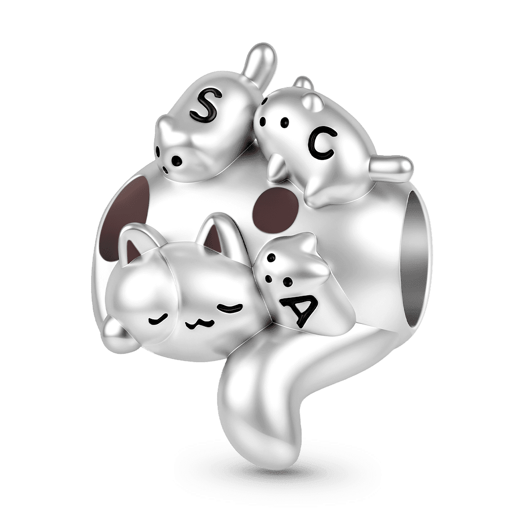 Gnoce  Mother Cat & Kittens Engravable Charm Platinum-plated Silver Blend