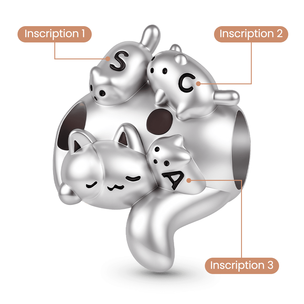 Gnoce  Mother Cat & Kittens Engravable Charm Platinum-plated Silver Blend
