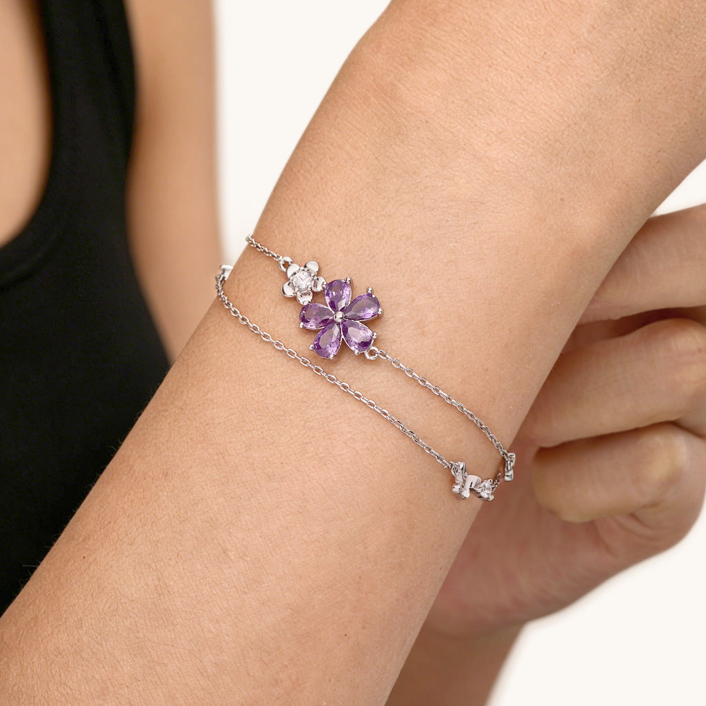 Gnoce  Flower & Butterfly Chain Bracelet Platinum-plated Silver Blend