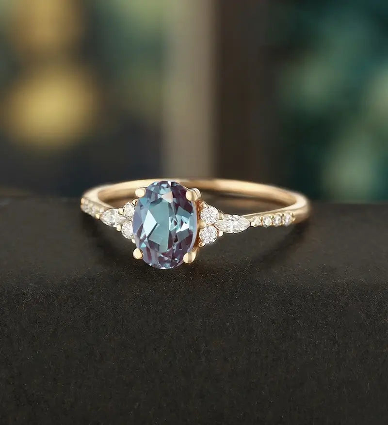 Oval Cut Lab Alexandrite Ring Vintage Rose Gold Engagement Ring Unique Marquise Cut Moissanite Ring Promise Diamond Wedding Ring Half Eternity Anniversary Ring