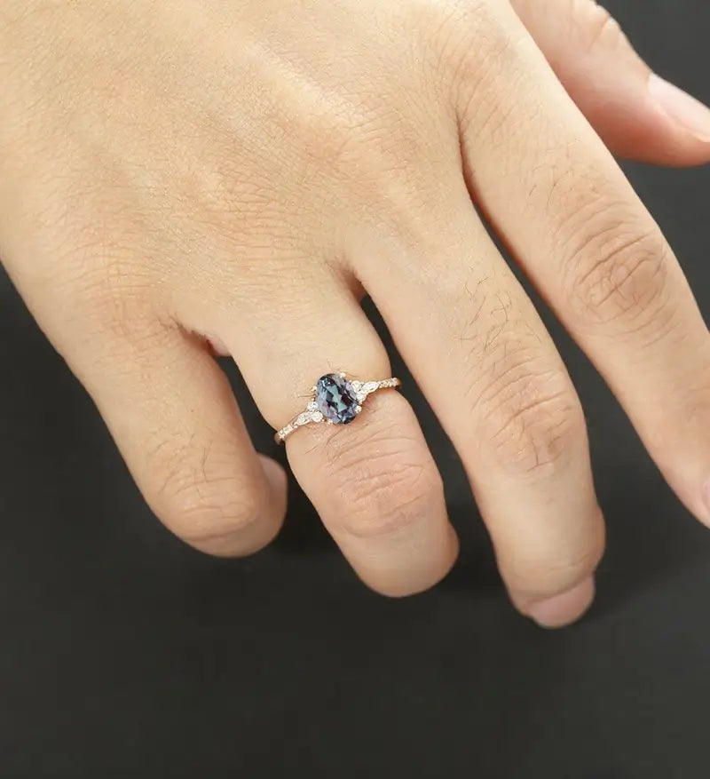 Oval Cut Lab Alexandrite Ring Vintage Rose Gold Engagement Ring Unique Marquise Cut Moissanite Ring Promise Diamond Wedding Ring Half Eternity Anniversary Ring