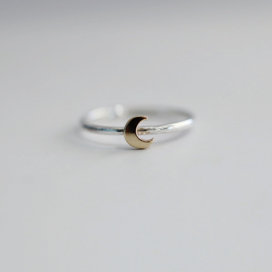 Crescent Moon Stacking Ring in Mixed Metal / Sterling Silver and 14 karat Yellow Gold / READY TO SHIP in 5.75