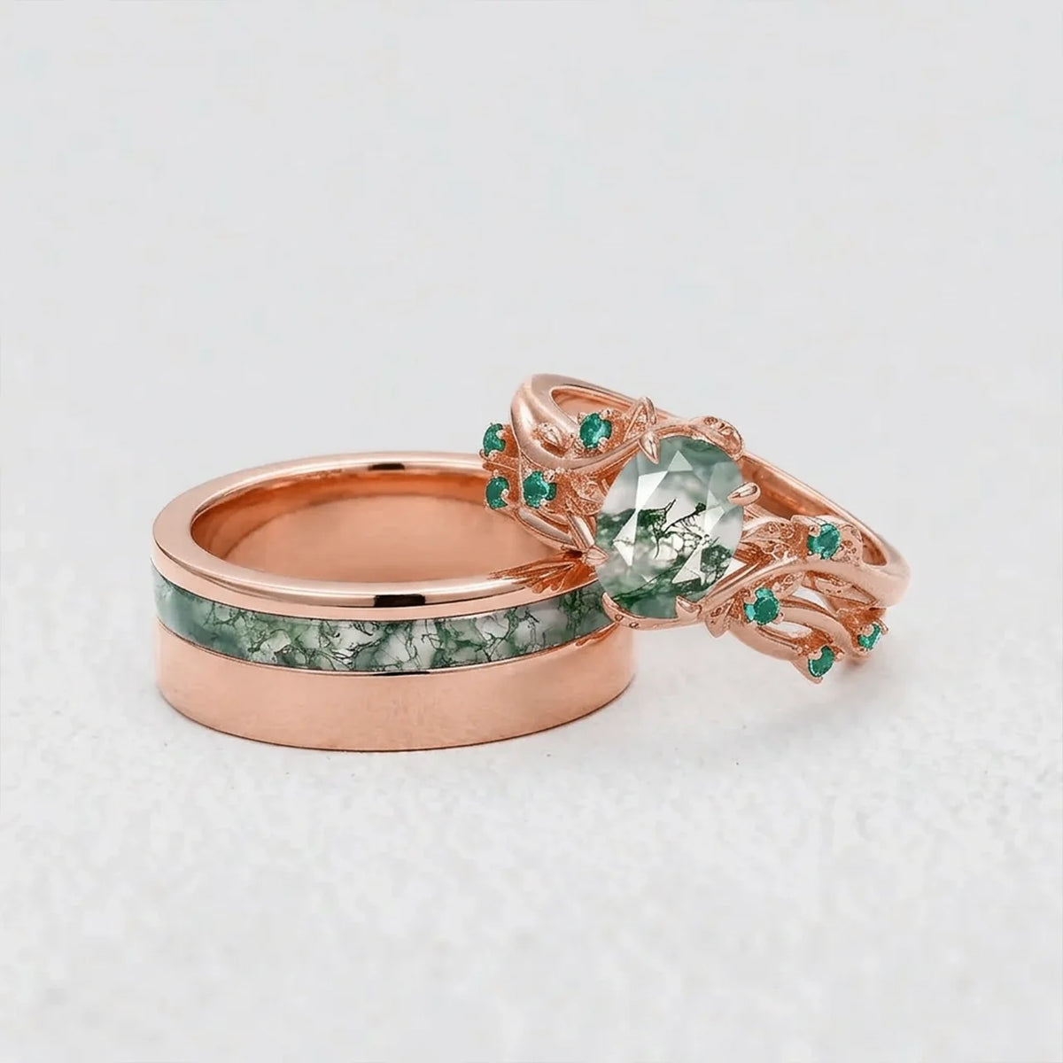 Sylvie’s Shadow | Black Gold & Oval Moss Agate Couple Ring Set 3pcs