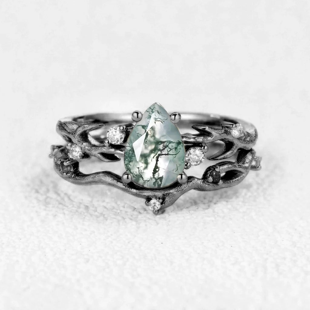 Camellia Pear Cut Moss Agate Branch Leafy Bridal Set 2pcs