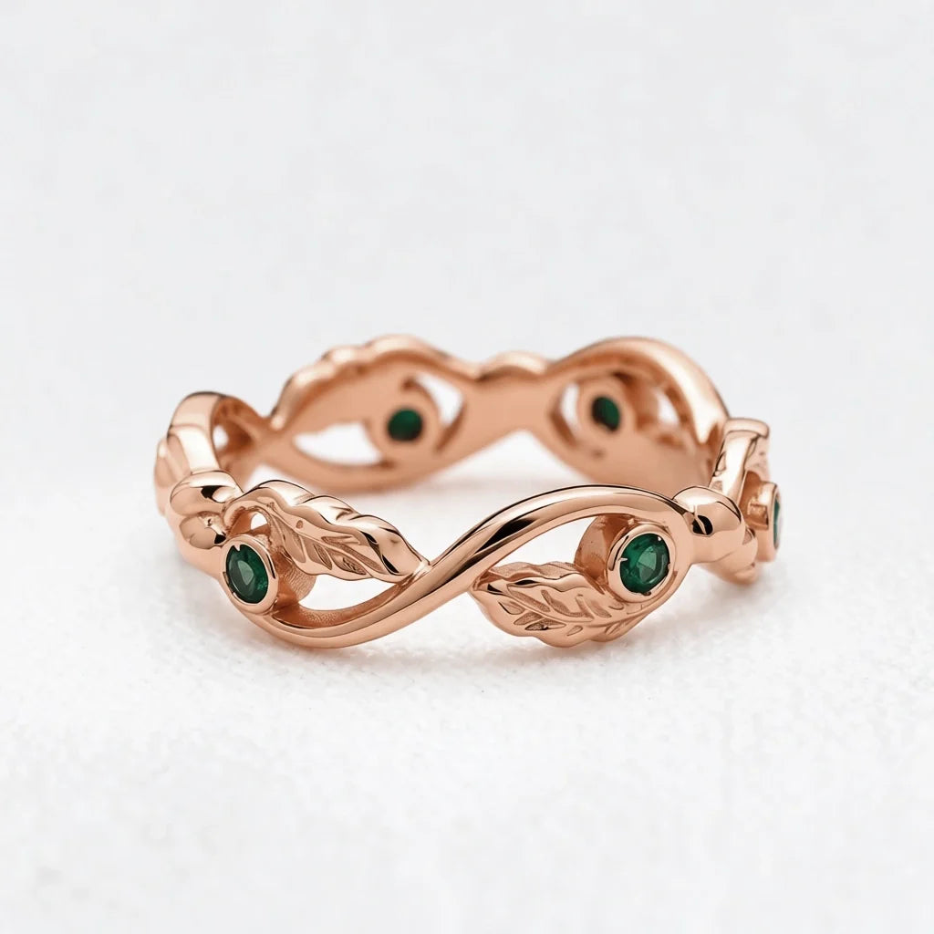 The Lacy Oak | Openwork Oak Leaves & Natural Emerald Women's Wedding Band