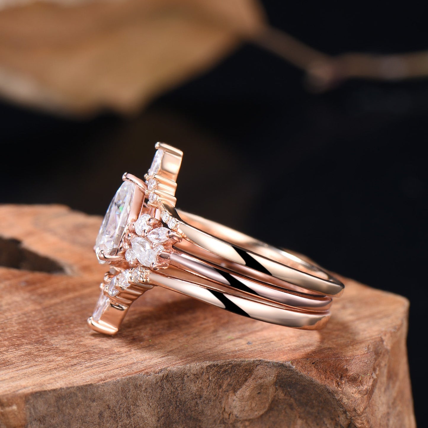 3pcs Moissanite Bridal Set 1.25CT Teardrop Shaped Moissanite Engagement Ring 14k Rose Gold Curved Wedding Band Anniversary Gifts For Women