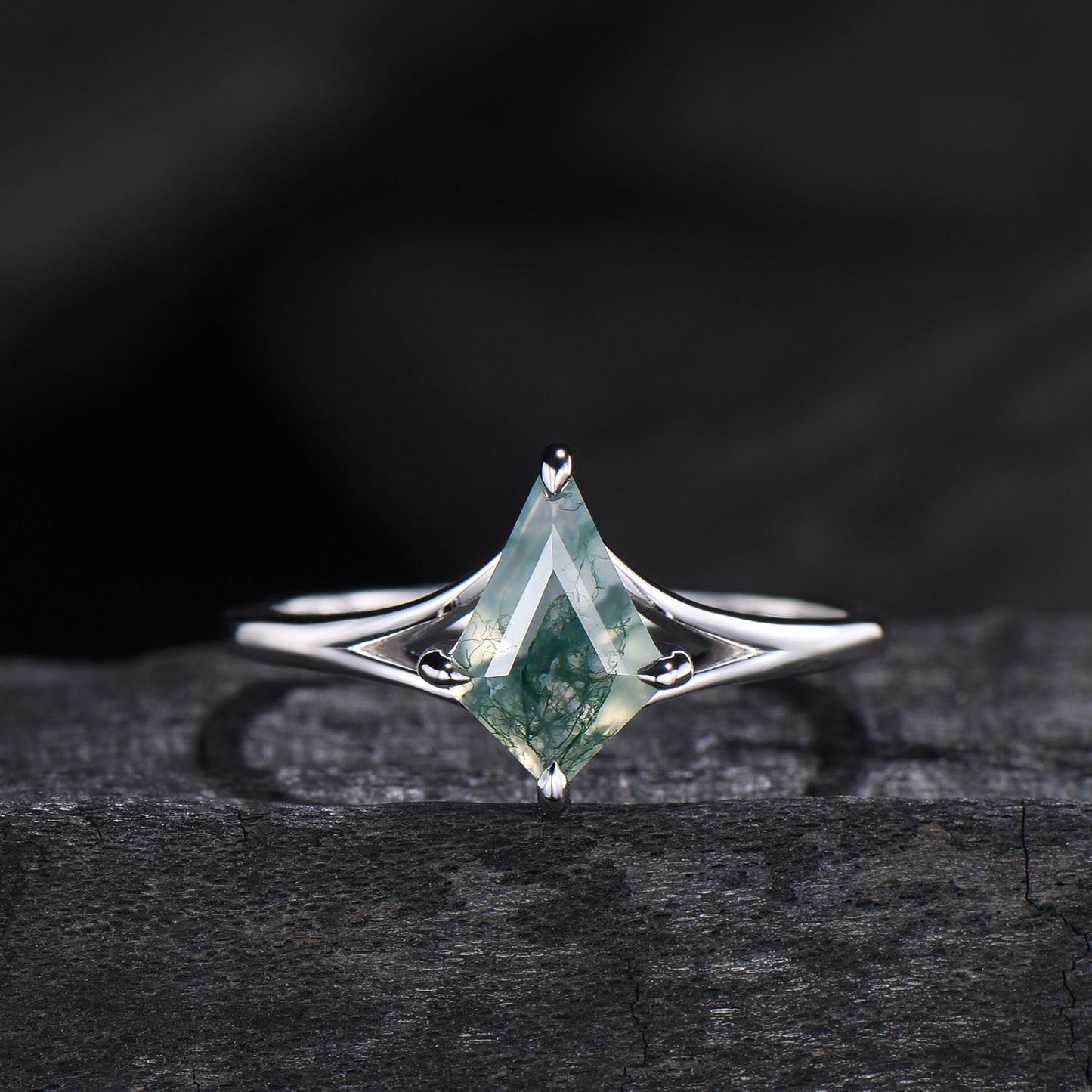 Kite Cut Moss Agate Engagement Ring | Split Shank Minimalist Promise Ring
