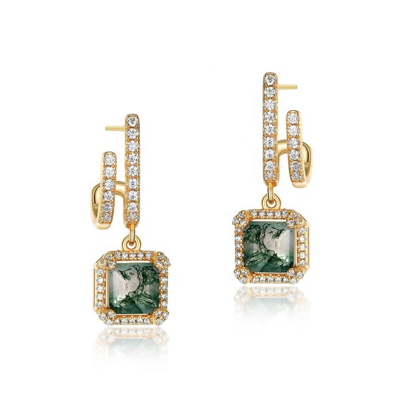 Modern Double Hoop Moss Agate Earrings Square Halo Dangle Studs