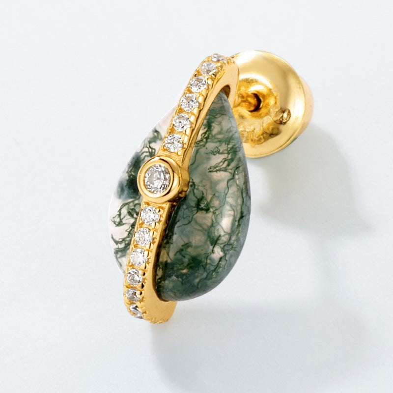 Orbit Pear Moss Agate Stud Earrings