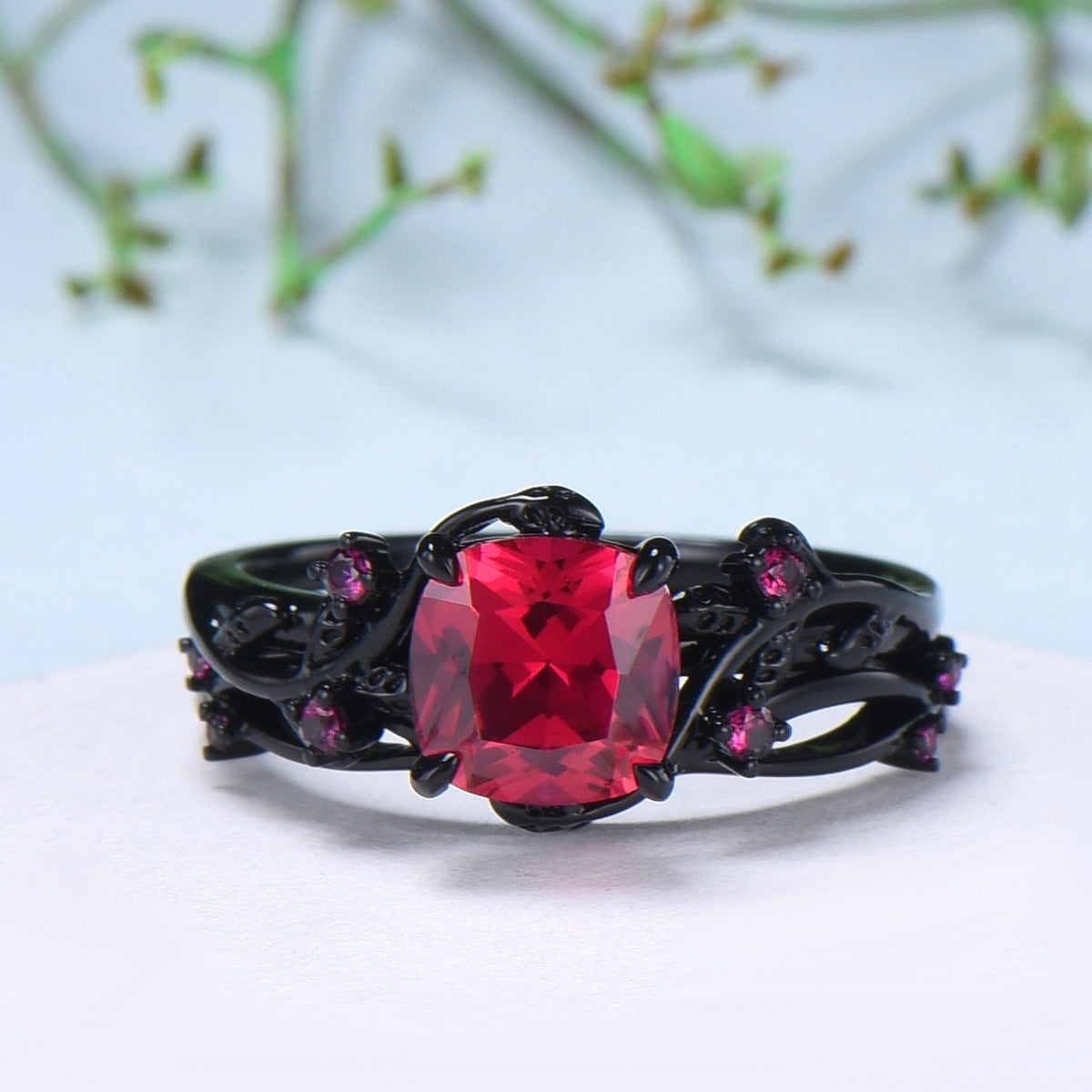 Unique gothic cushion cut ruby wedding ring set black gold natural inspired ruby engagement ring for women unique July birthstone bridal set