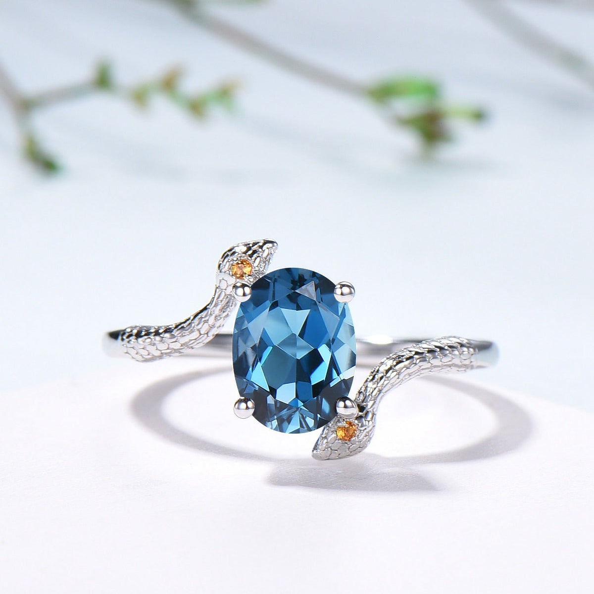 Snake Ring: London Blue Topaz, Citrine, Handmade Gold Anniversary Ring