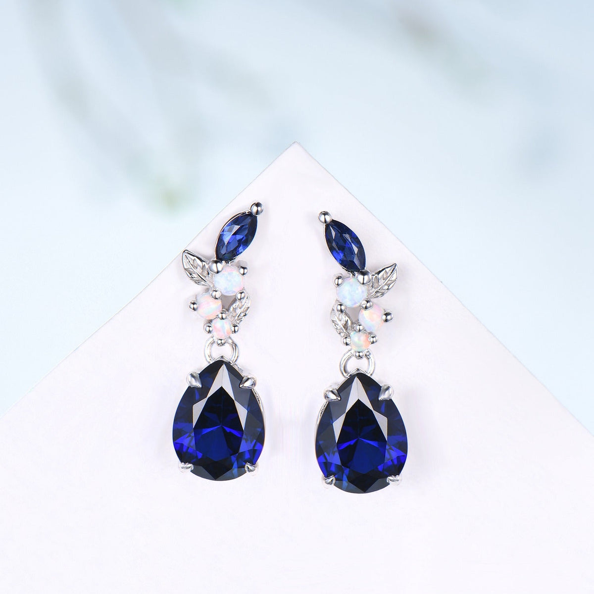 Nature Inspired Pear Shaped Blue Sapphire Earrings Leaf Stud Earrings Silver Vintage Unique Opal Earrings Handmade Anniversary Promise Gift