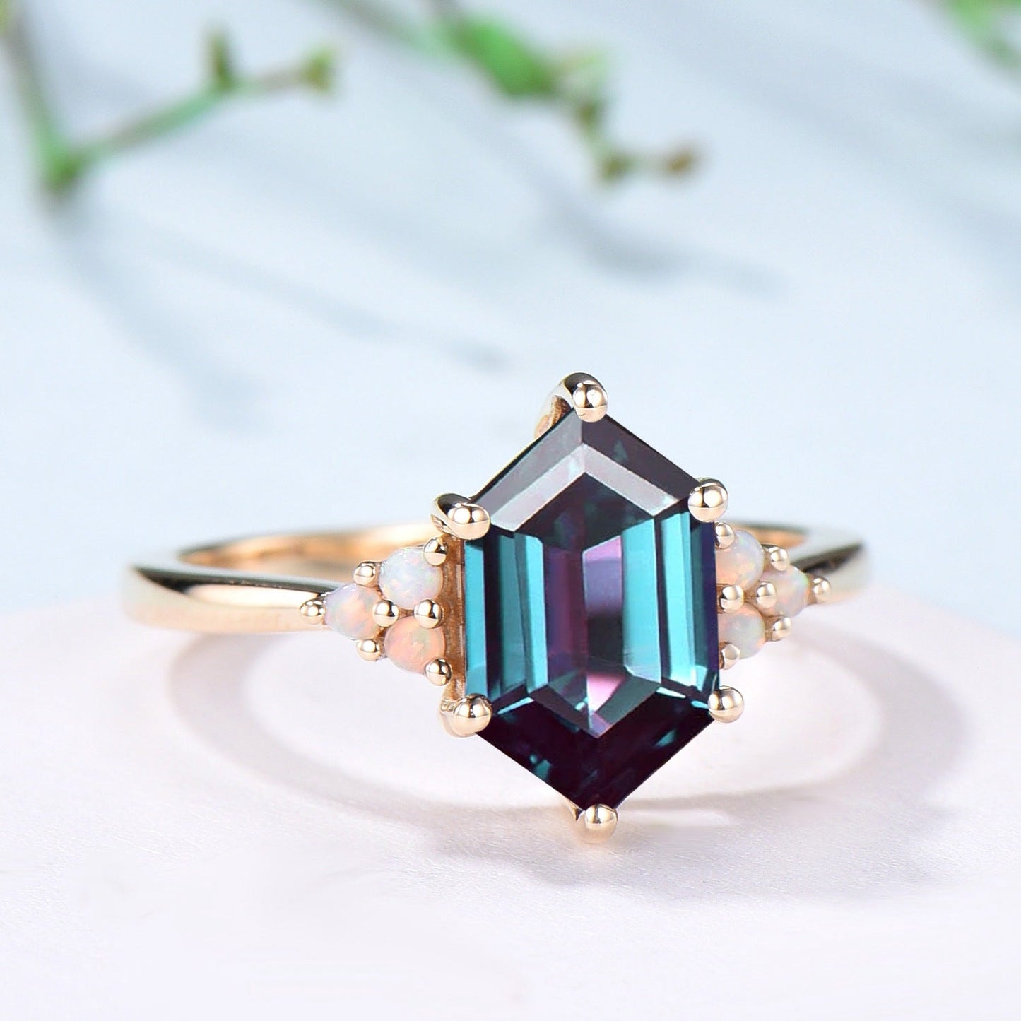 Octavia elongated hexagon alexandrite engagement ring cluster opal 14k yellow gold wedding ring for women Color change anniversary gift