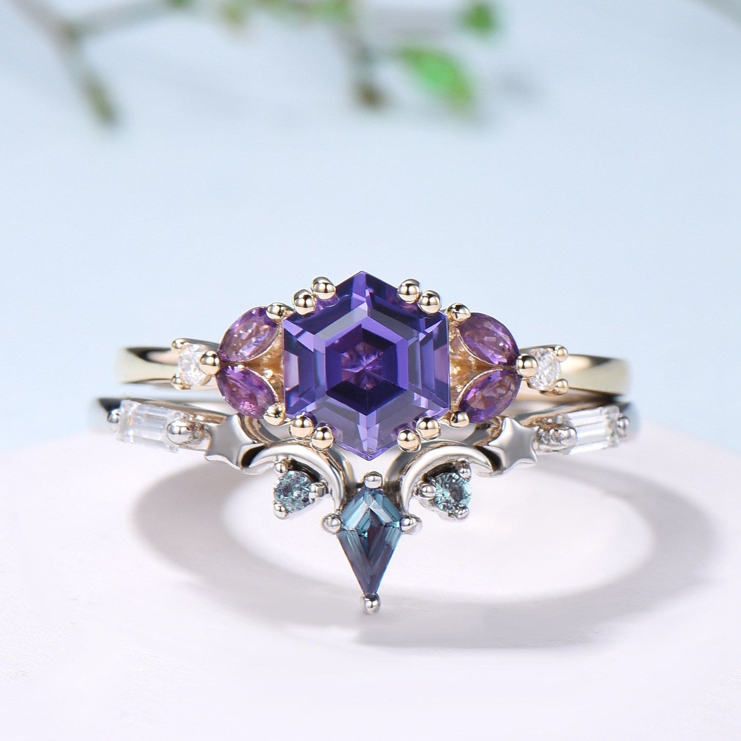 Unique Hexagon Purple Sapphire engagement ring set- moon star curved alexandrite wedding band