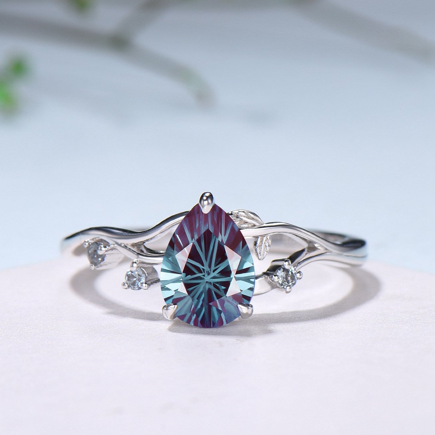 Unique Pear Shaped Firework Cut Alexandrite Engagement Ring, Nature Inspired Leaf Twig Gold Ring