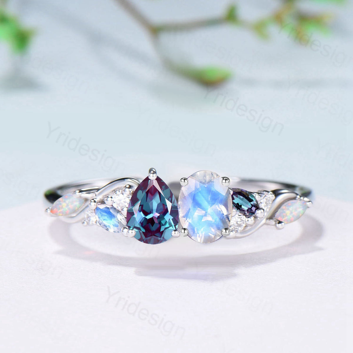 Toi et Moi Moonstone & Alexandrite Engagement Ring | Pear and Oval Cut