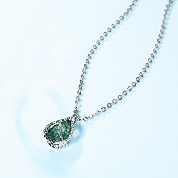 6x8mm Pear Shaped Moss Agate Milgrain Bead Necklace Pendant