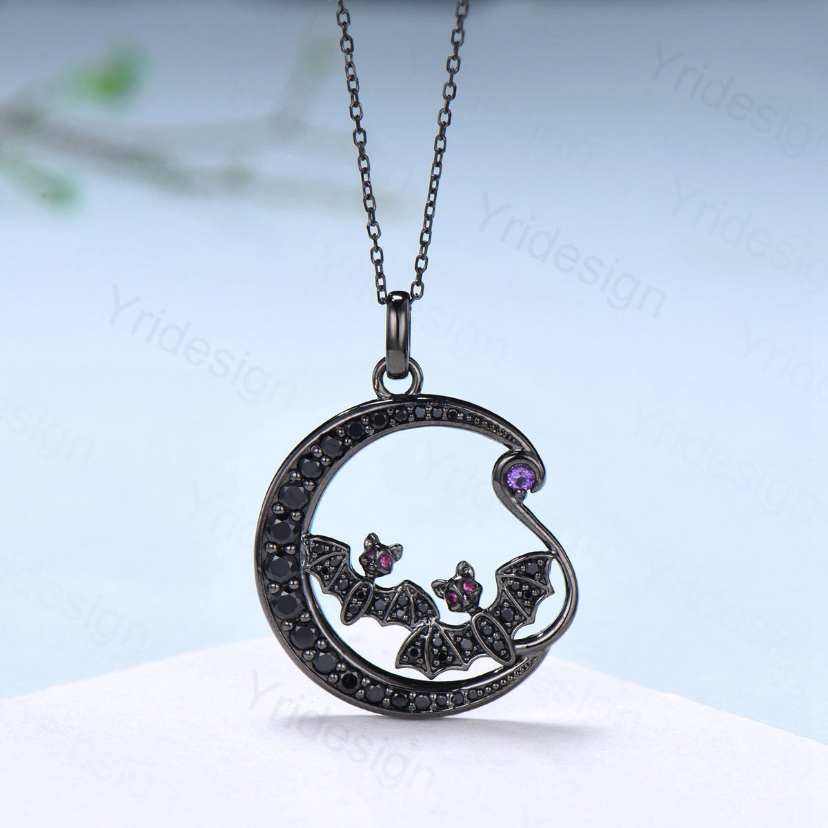 Unique Black Gold Night Moon Bat Gothic Pendant Necklace Magic Crescent Moon Amethyst Black Spinel Necklace Halloween Anniversary gift Women