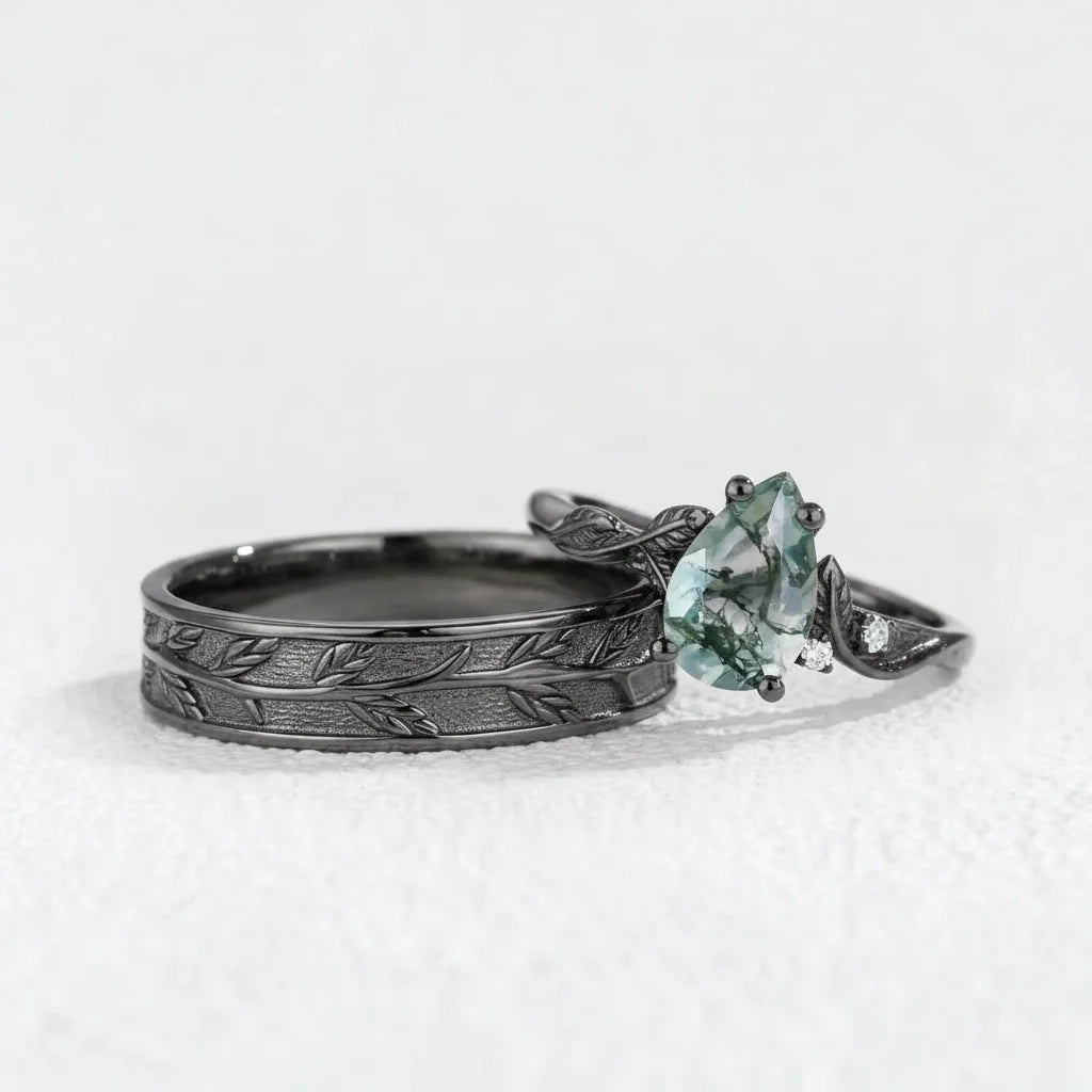 Laurel’s Spinney | Pear Moss Agate Leaf Wedding Band Couple Set 3pcs